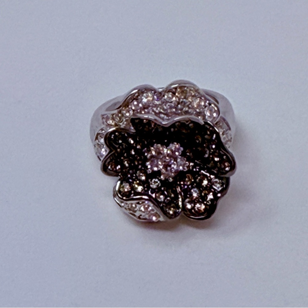 Vintage Silver Nolan Miller Flower Cocktail Ring Pavé Setting Size 7